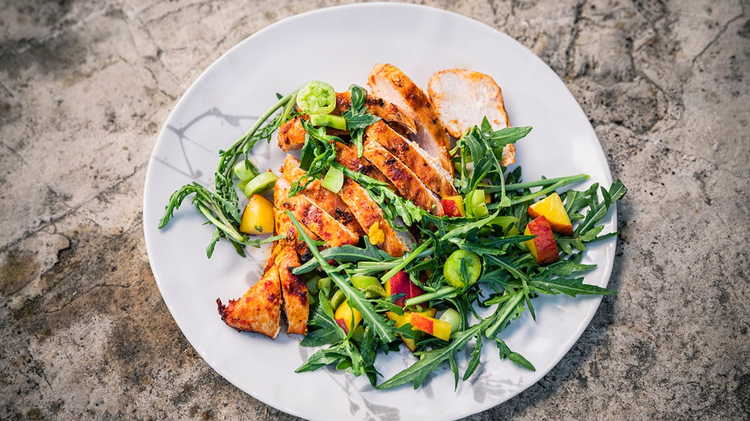 Harissa Chicken with Green Tomato & Peach Salad | Erez Komarovsky