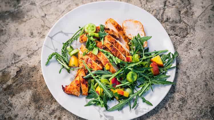 Harissa Chicken with Green Tomato & Peach Salad | Erez Komarovsky