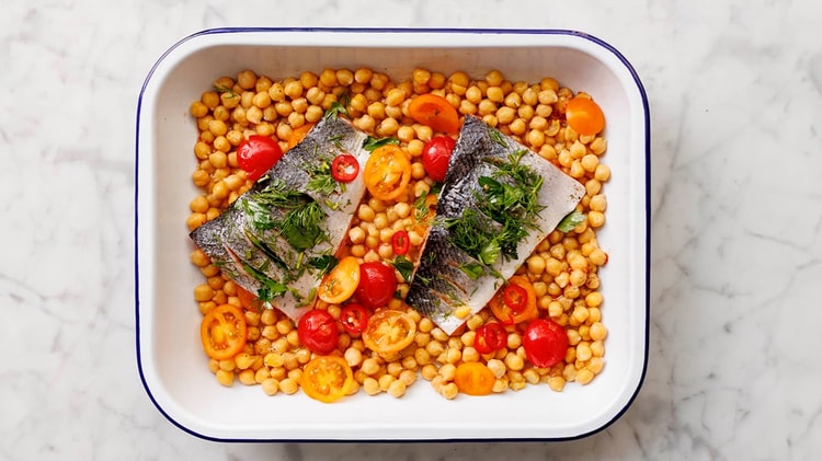 Herb-studded Salmon, Tomato & Chickpea Traybake