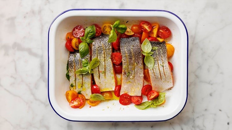 Salmon, Tomatoes & Basil Oil Traybake