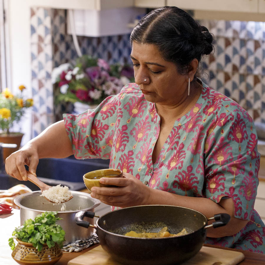Chef Asma Khan cooking Railway Curry in her Kolkata kitchen