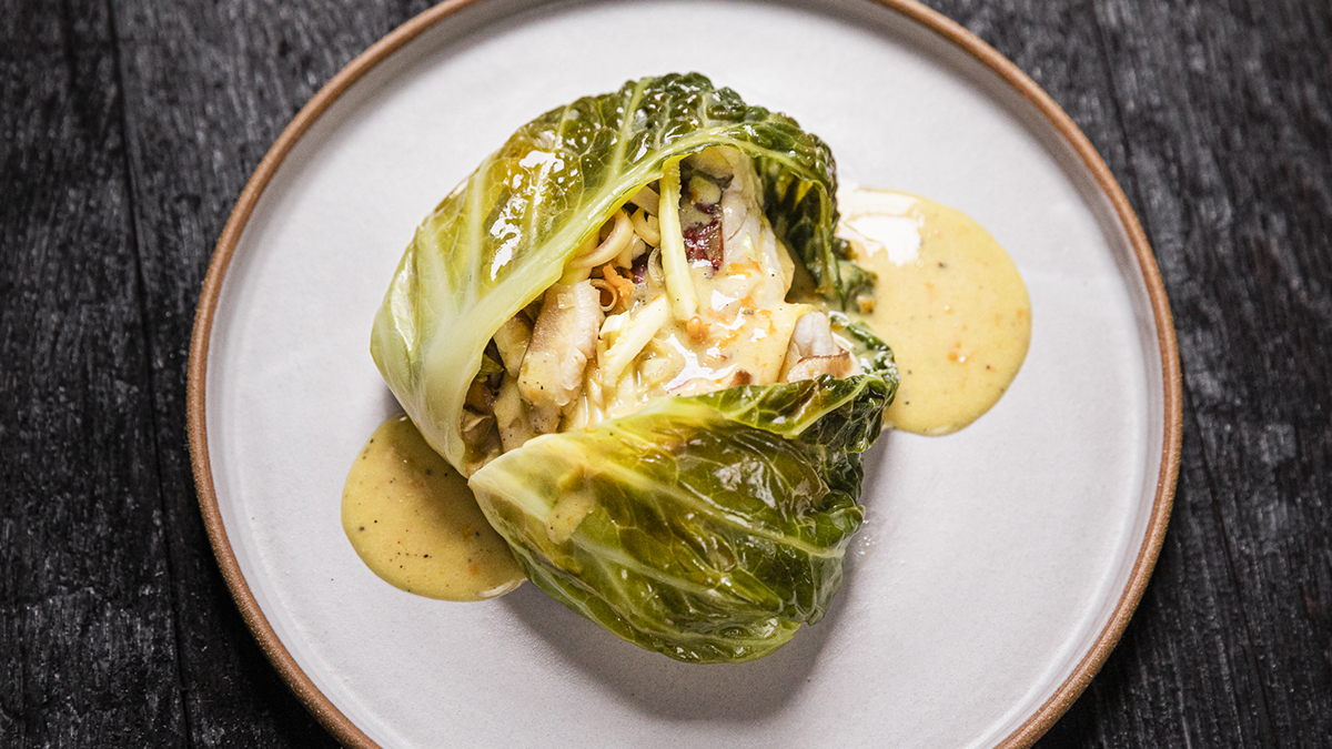 Cabbage Steamed Fish with Miso Hollandaise.