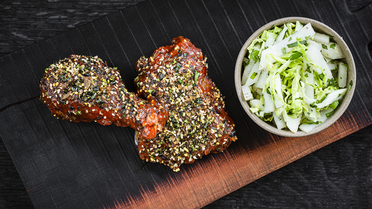 Fried Chicken with Gochujang Sauce & Slaw.