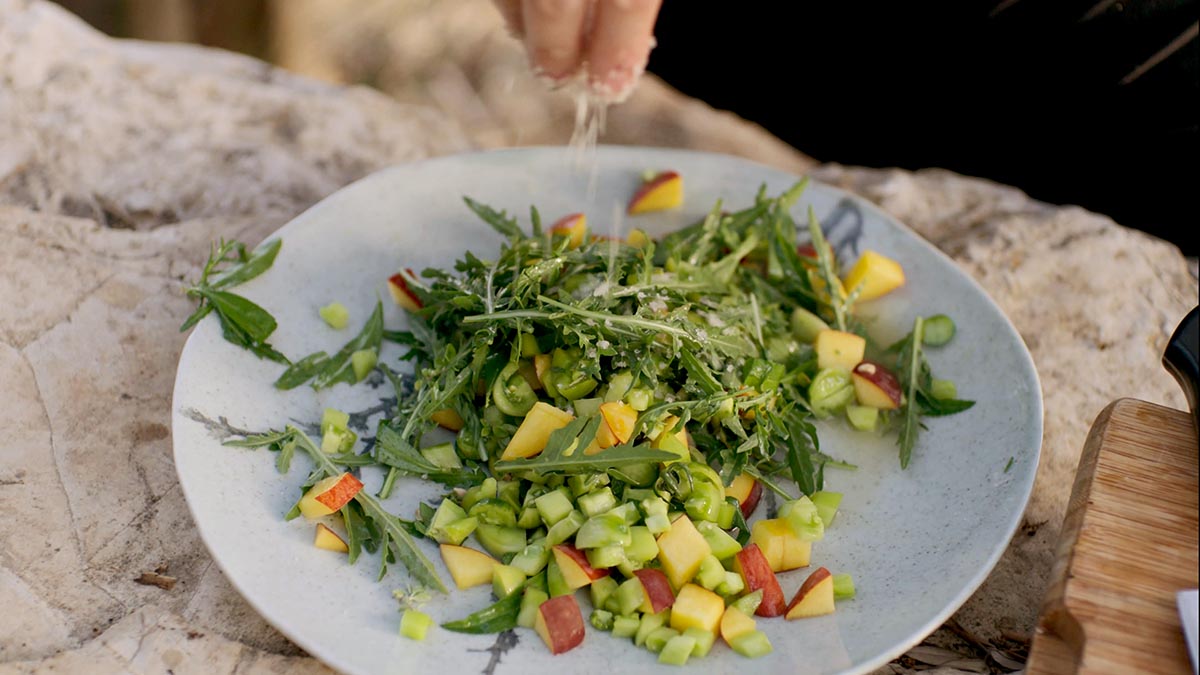 Green Tomato & Peach Salad. A refreshing end-of-summer salad that brings some airy freshness to the spicy harissa paste.