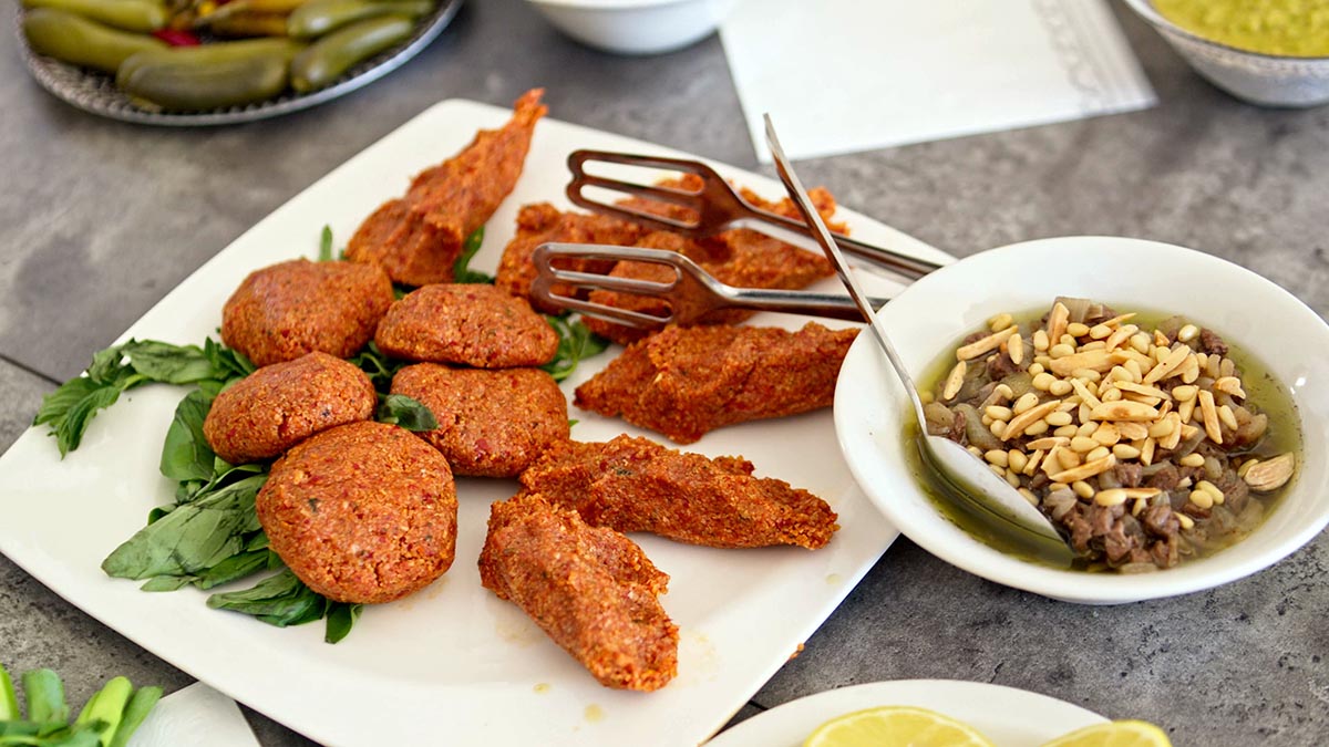 Kibbeh Nayyeh. This levantine mezze consists of game or goat meat mixed with bulgur, lemon zest and juice, spices and formed into kibbehs. A traditional Middle Eastern tartare.