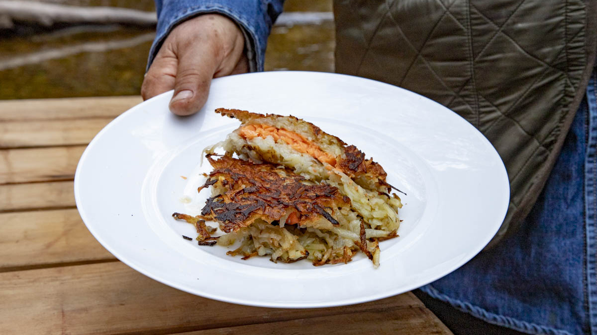 Trout-Stuffed Rösti. Francis brings us to one of his favorite places on the island, near a beautiful waterfall, to cook trout fillets sandwiched between two crispy potato cakes. Francis uses a freshwater brook trout, known for its vibrant pink color, but you can always substitute for different kinds of fish like flounder, snapper, and sole. Francis teaches techniques like the proper way to fillet a fish, using his favorite knife that he bought in 1978 in Paris. This simple recipe will be a total brunch crowd-pleaser for your family and friends.