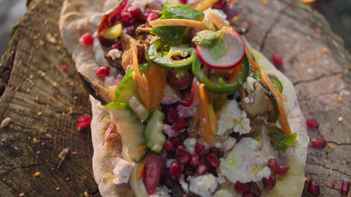 Garnishes. Complete your shawarma with colorful finishing touches that will make your mouth explode with flavor, including dukkah (an Egyptian blend of nuts, seeds, and warm spice), feta cheese, and herbs.