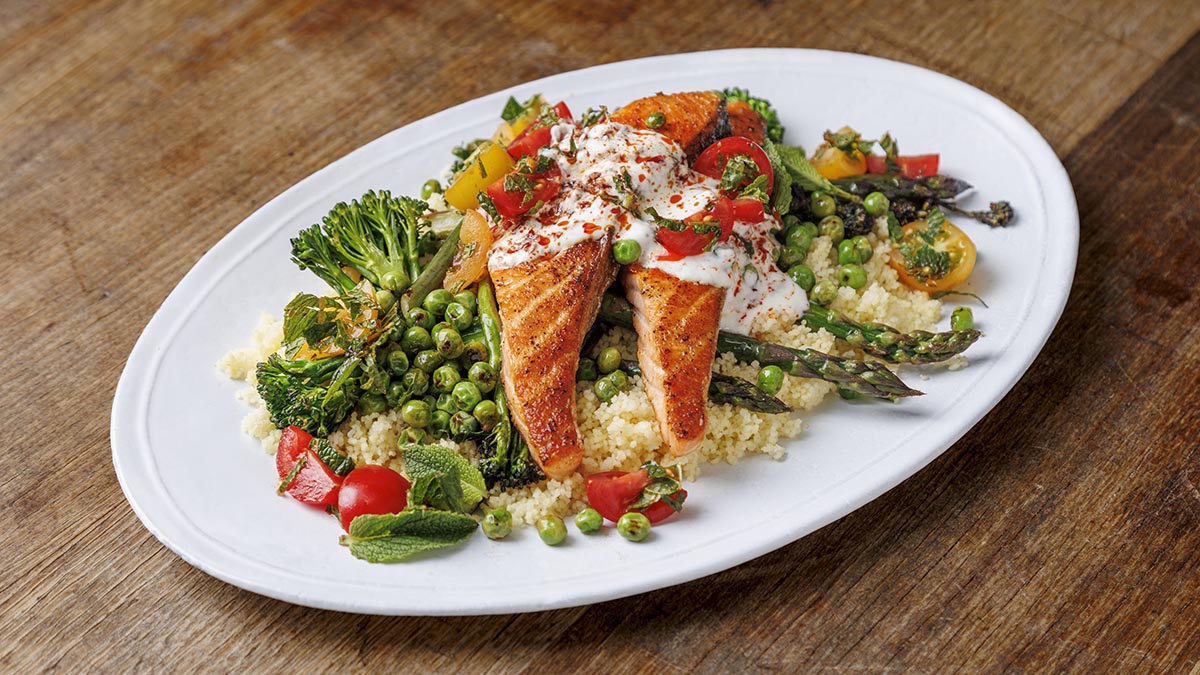 Pan-Seared Salmon. Tasty, colorful, and full of the good stuff, learn how to prepare pan-seared salmon and seasonal vegetables, couscous, and harissa yogurt in just 10 minutes. Drawing from decades of experience and his own dedicated Nutrition team, Jamie shows you how balanced, healthy eating can be both satisfying and delicious