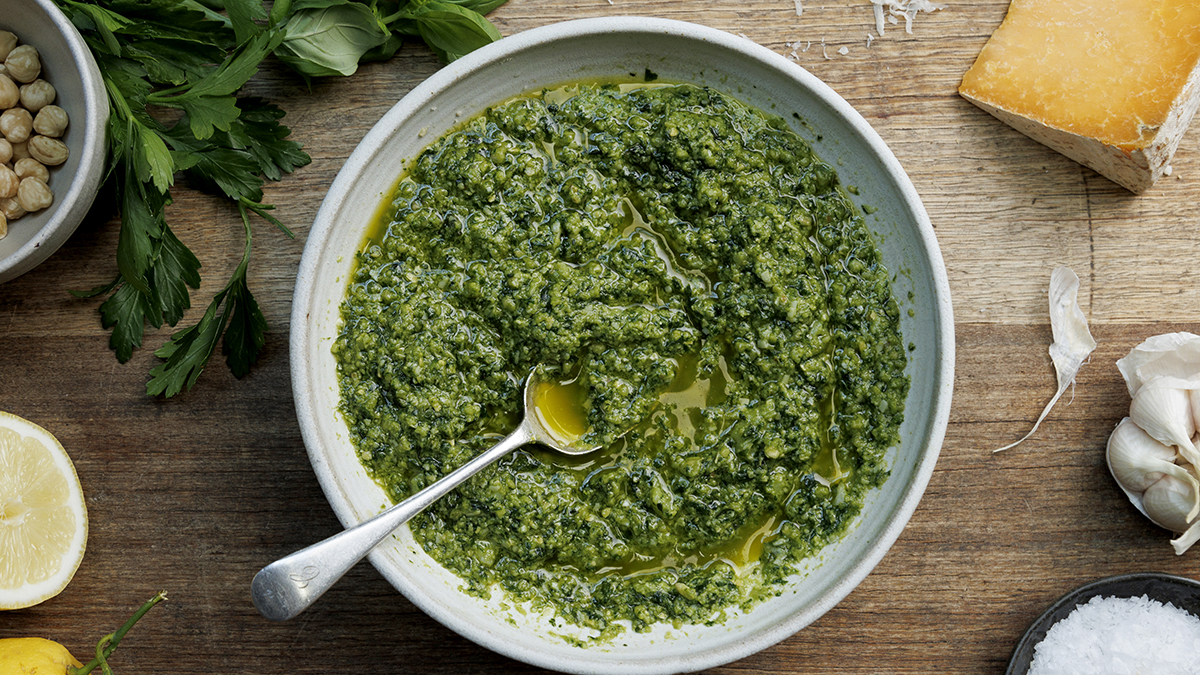 Pesto. This classic Italian sauce is both versatile and easy to make. Jamie guides you through the nuances of achieving an intensely flavored homemade pesto.