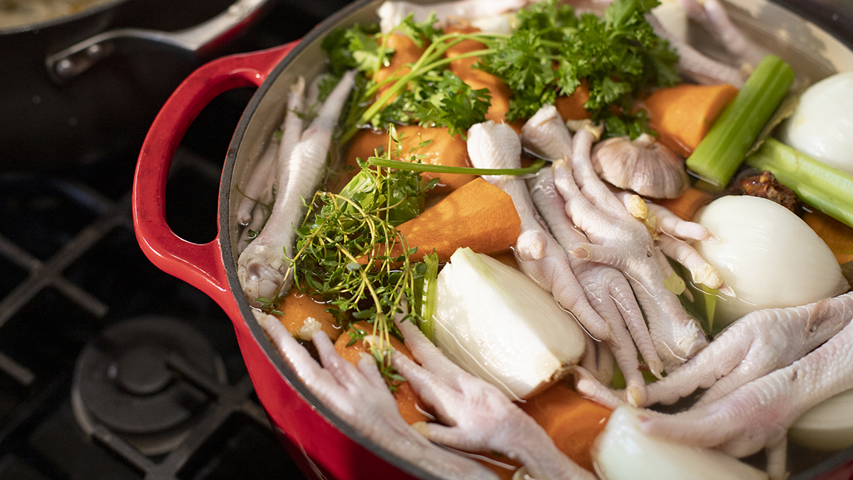 Chicken Stock. Thick, gelatinous and silky smooth, you’ll soon fall in love with Kwame’s chicken stock. This is one of his core techniques to layering flavor into practically any dish that calls for water. The essential ingredient? Chicken feet!